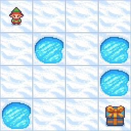 Animated walkthrough of the FrozenLake-v1 environment: a 4×4 grid with a start tile (S), frozen tiles (F), holes (H), and a goal tile (G). The agent moves step-by-step until it reaches the goal or falls into a hole.